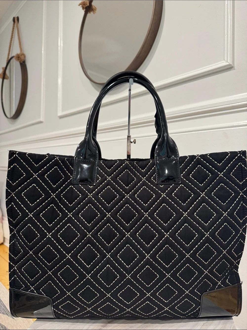 Tory Burch Bag Ella Quilted Black Large Nylon Tote Rare